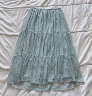 Light Blue Floral Lace Tiered Midi Skirt Boho Cottagecore Peasant Small thumbnail 1