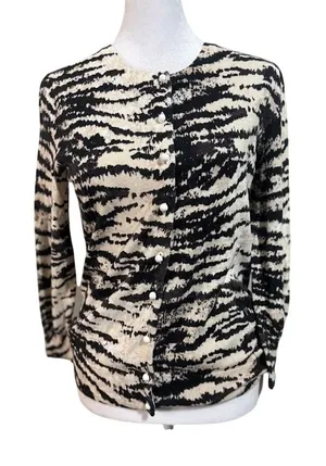 Talbots Cardigan Sweater Womens S Black Cream Excellent Tiger Stripe Button Up‎ thumbnail 1