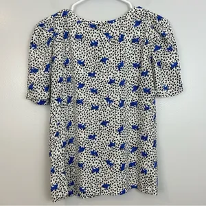 MAJE Lensam Floral Leaf Blue/White V-neck Short Puff Shoulder Blouse Size Small thumbnail 7