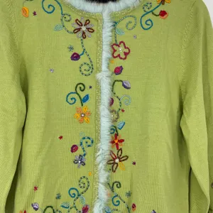 Michael‎ Simon Embroidered Floral Cardigan Fur Trim Green L Vintage thumbnail 4