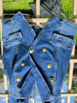 Double-Breasted Denim Vest in Dark Blue with Gold Buttons Small thumbnail 4