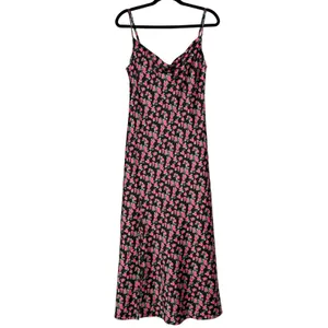 WAYF Floral Satin Slip Midi Dress Large‎ Black Side Slit Cowl Neck thumbnail 6