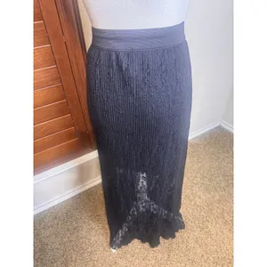 Dark Romantic Black Lace Pleated Maxi Skirt Elastic Waist half sheer whimsigoth thumbnail 3