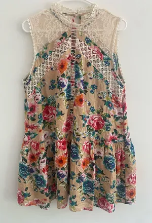 Umgee Dress Size L Tan Rose Floral Fairy Lace Sleeveless Cottage Mumu thumbnail 1