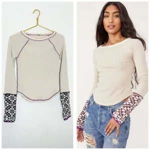 Free People She's Reversible Cuff Thermal Tee Oatmeal Size Small Bohemian thumbnail 2