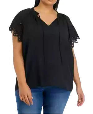 Chelsea & Theodore Blouse NWT eyelet sleeve 3X Black Casual Lace Coquette thumbnail 1