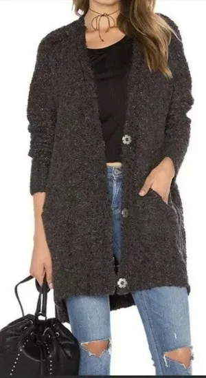 Free People Oversized Bouclé V-Neck Cardigan Size Small Gray Pockets Boho Alpaca thumbnail 1