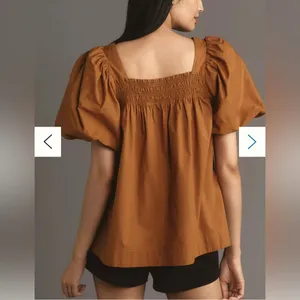 Maeve By Anthropologie Puff-Sleeve Smocked Blouse in Rust Orange, Size M, NWOT thumbnail 2