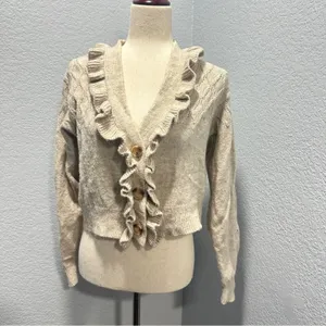 Industry L Cream Ruffle Cardigan Feminine Office Chic Quiet Luxury Sweater thumbnail 2