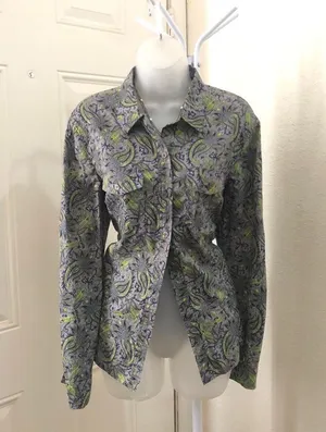Michael Kors Green blue purple paisley button up down shirt top blouse long sleeve office siren corporate core boho-XL thumbnail 1