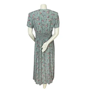 Vintage Floral Dress Shell Buttons Shirred Smocked Midi Cottagecore Summer Fall thumbnail 2