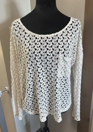 Honlua Wahine‎ White Crochet Lace Bathing Suit Swim Cover Up Long Sleeve Sheer M thumbnail 1