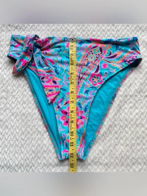 Frankie's Bikinis Scarf Bikini Bottom L Side Tie Blue Multicolor Paisley Hi Leg thumbnail 6