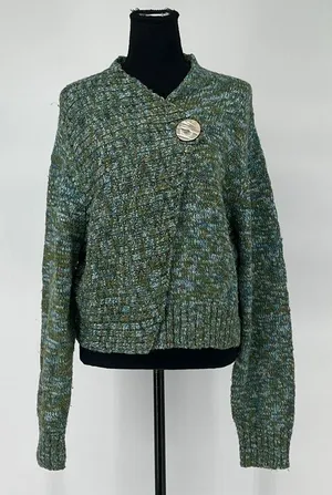 ONE GIRL WHO Sweater Women's M/L‎ Green Blue Flecked Ribbed One Button Cardigan thumbnail 1