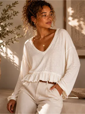 Anthropologie Pilcro Cream Coastal Boho Cotton Ruffle Hem Organic Modern V-Neck Small Shirt thumbnail 1