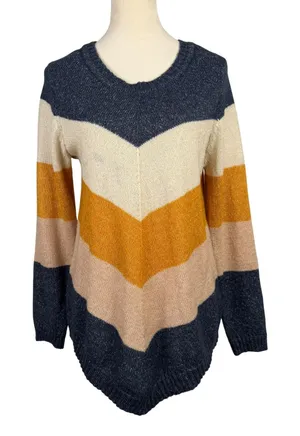 Sweater Womens Large Chevron Stripe Sharkbite Hem Multicolor Boho Fall Casual thumbnail 1