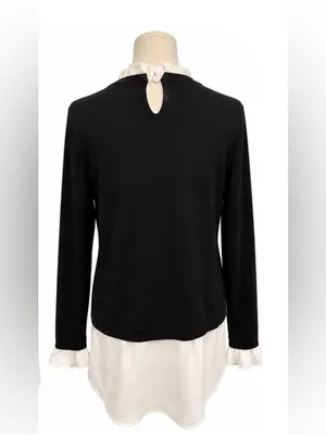 Adrianna Papell Layered Look Sweater Blouse Black White Size M Ruffle Collar thumbnail 3