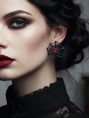 Gorgeous Retro Gothic Spider Web Stud Earrings with Ruby Color Decor Faux Fashio thumbnail 2