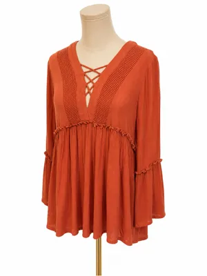 Entro Rust Orange Boho Lace-Up Bell Sleeve Peasant Tunic Top Small Oversized thumbnail 2
