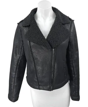 Jack BB Dakota Black Faux Leather Vegan Sherpa Fleece Zip Up Moto Biker Jacket S thumbnail 1