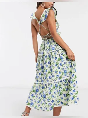 ASOS Design floral maxi dress ditsy eyelet broidery trim tiered ruffle open back thumbnail 4
