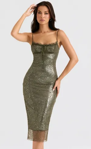 House of CB Isla Olive Lace Midi Dress L thumbnail 1