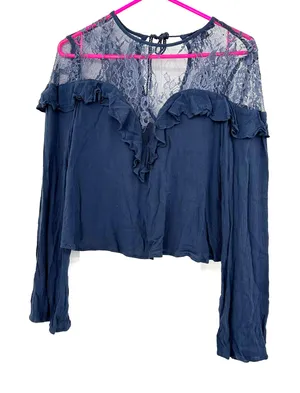 American Eagle‎ Outfitters size small crop long sleeve blouse lace upper blue thumbnail 1
