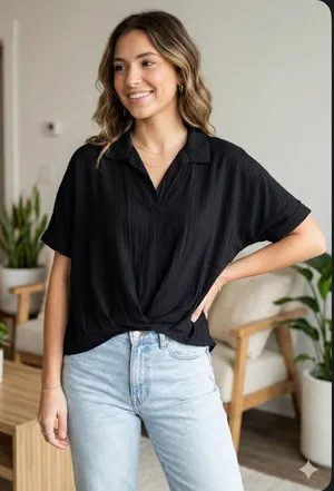 Chic Black Ribbed Twist-Front Short Sleeve Top Si thumbnail 1