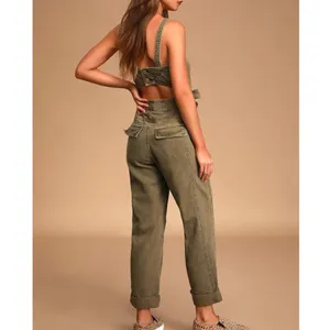 Free People FP Go West Olive Green Utility Cargo Denim Relaxed Leg Jumpsuit XS thumbnail 5