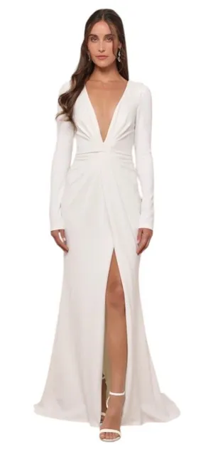 Lulus White Long Sleeve Mermaid Wedding Dress with Deep V-Neck NWT Size Small thumbnail 1