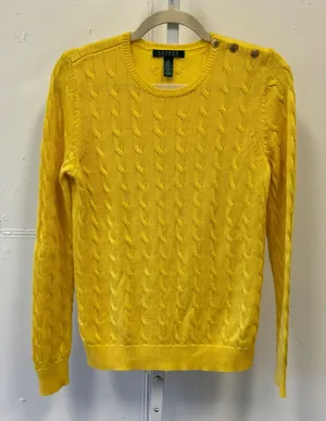Lauren Ralph Lauren Yellow Cable Knit Shoulder Button Sweater Womens Medium thumbnail 1