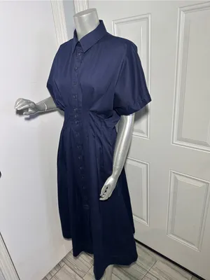 Quince Stretch Cotton Poplin Pleated Midi Shirt Dress Deep Navy Womens Size S thumbnail 3