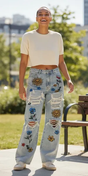 Light Blue Floral Distressed Wide Leg Jeans Size XL (29” Waist) thumbnail 1