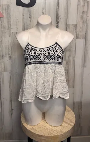 Sim & Sam Boho Embroidered Peplum Tank Top XS White Black Spaghetti Strap thumbnail 1