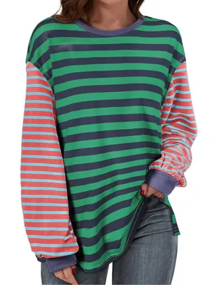 BLENCOT Women's Oversized T Shirts Fall Long Sleeve Striped Color Block. Size M thumbnail 2