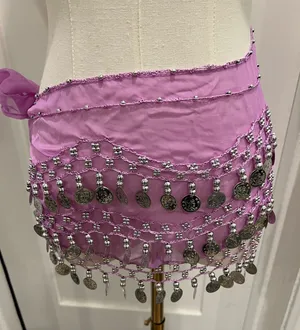 Purple Solid Chiffon Belly Dance Hip Scarf Wrap w/ Silver Coins Tie Size one size thumbnail 1