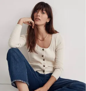 Madewell Scoopneck Cardigan Sweater in cream cotton blend XS thumbnail 1