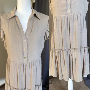 Emma &‎ Michele Shirt Dress Womens Medium Tan Flutter Sleeve Tiered Boho thumbnail 14