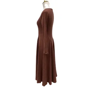 Halara Dress Sz Sm Ribbed‎ Knit Flare Long Sleeve Flowy Casual Brown Minimalist thumbnail 4