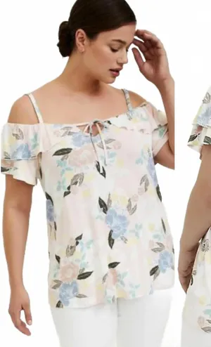 Torrid Super Soft Light Pink Floral Cold Shoulder Ruffles Top Size 0 (12) thumbnail 1