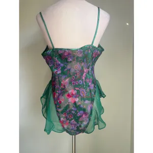 VTG Victorias Secret Gold Label Green Floral‎ Chiffon Bodysuit Medium 90s whimsi thumbnail 4