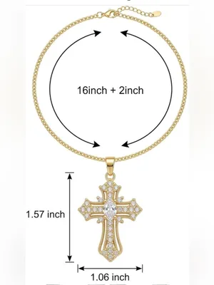 Gold Tone Cubic Zirconia Cross Charm Pendant Cable Chain Necklace 16" + 2" thumbnail 3