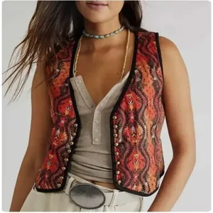 New sz small s free people Gemini red multi pattern quilted vest western print thumbnail 1