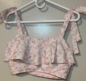 Altar’d State Floral Pink Ruffle Crop Top thumbnail 1