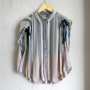 Free People Ombré Baby Blue Striped Button-Down Shirt with Tie Sleeves thumbnail 2