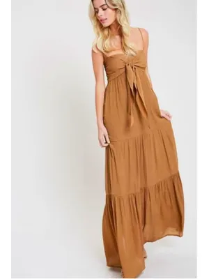 Wishlist Apparel Falling In Love Tie-Front Tiered Camel Maxi Dress Size S thumbnail 5