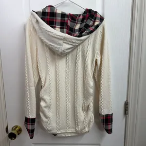 Women's cream cable knit plaid hooded long sleeve stretch soft knit‎ sweater M thumbnail 6