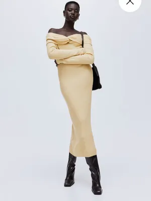 H&M | Fine Knit Off-Shoulder Twist Knit MIDI Dress in Pale Yellow XS thumbnail 2