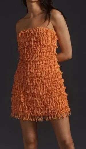 Anthropologie Let Me Be Fringed Tube Mini Dress in Orange Size Medium thumbnail 1