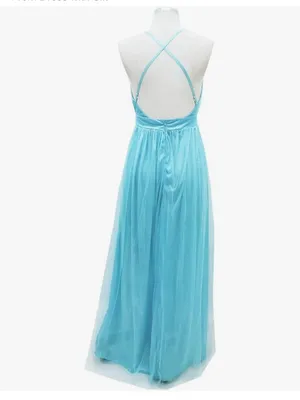 Long Tulle Evening Aqua V-Neck Halter Dress with Slit Bridesmaid Wedding thumbnail 4